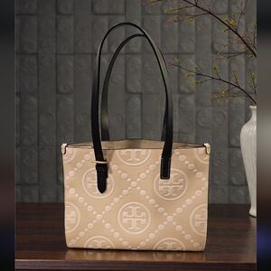 Tory Burch T Monogram Contrast Embossed Small Light Peach Tote